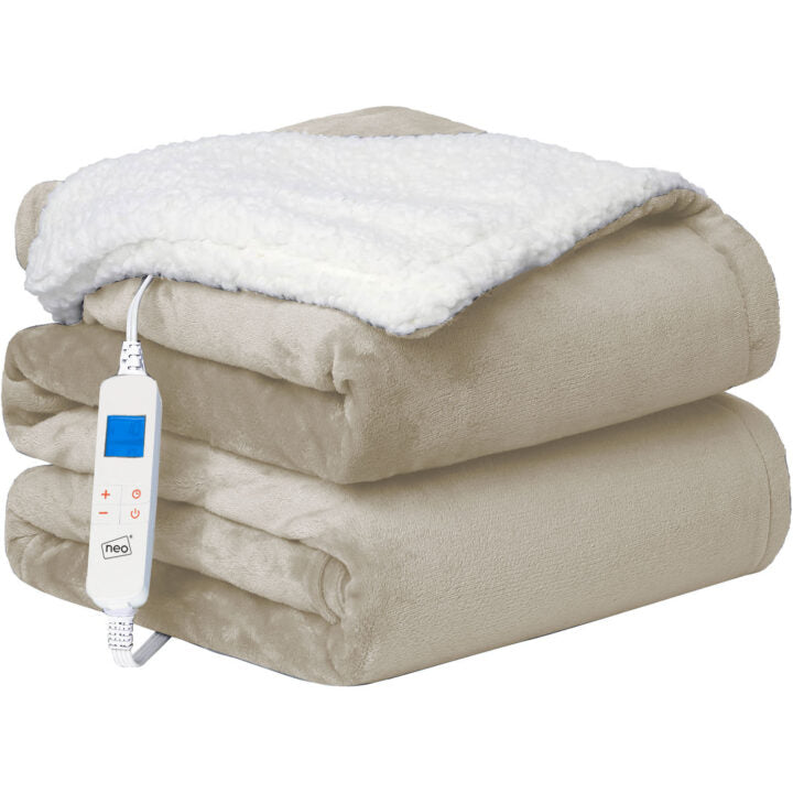 Neo Beige Electric Heated Throw Over Blanket Reversible, featuring soft flannel and fluffy sherpa for ultimate warmth.