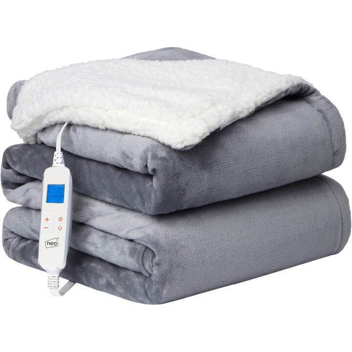 Cozy Neo Grey Electric Heated Throw Over Blanket – Reversible, featuring soft flannel and fluffy sherpa for warmth.