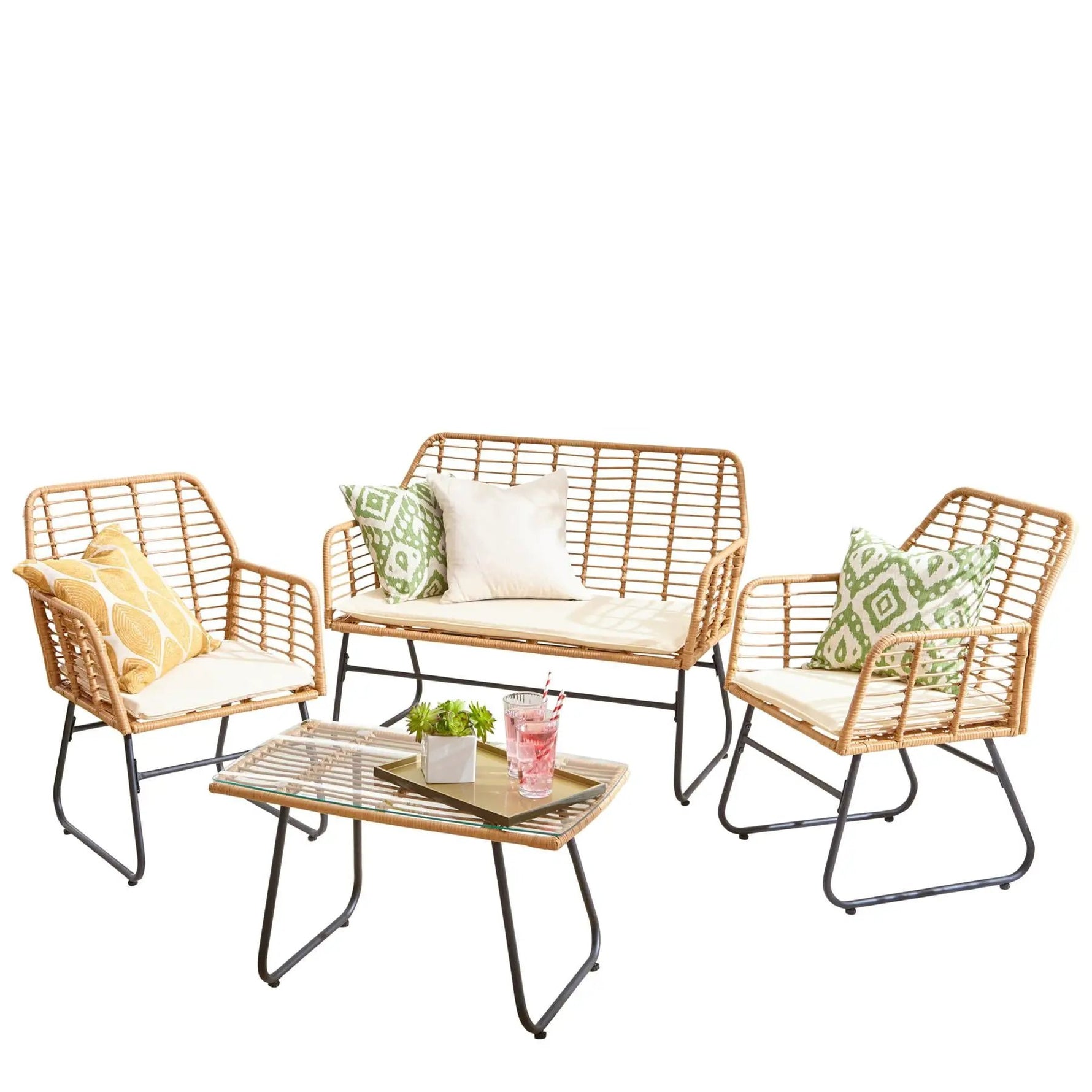 Neo Neo 4 Piece Wicker Bamboo Style Garden Sofa, Table & Chairs Set - Garden Sofa Sets