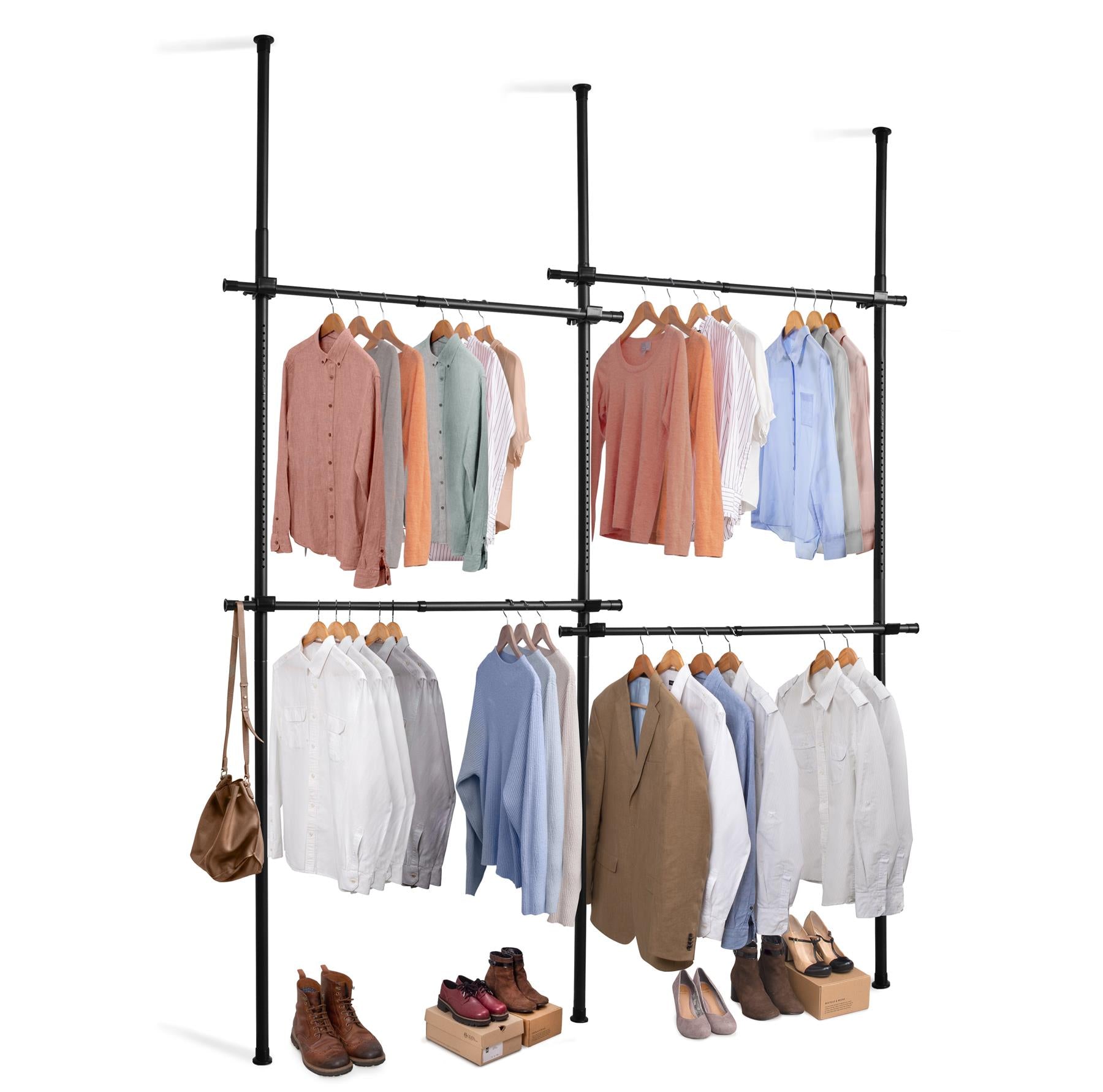 Double Black Telescopic Wardrobe Organiser Hanging Rail Clothes Rack Adjustable Storage Shelving - Direct Online Houseware - Home Symphony