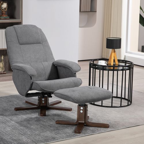 HOMCOM Swivel Recliner Chair and Footstool Linen-touch Fabric Wooden Base, Grey - Home Symphony