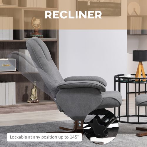 HOMCOM Swivel Recliner Chair and Footstool Linen-touch Fabric Wooden Base, Grey - Home Symphony