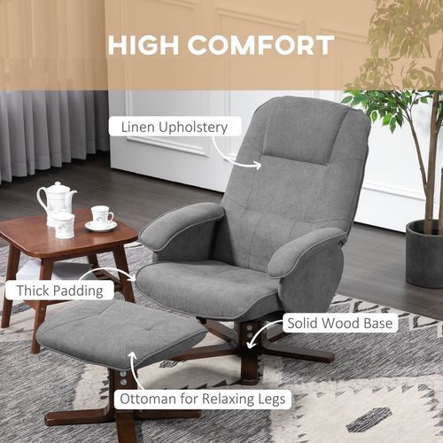 HOMCOM Swivel Recliner Chair and Footstool Linen-touch Fabric Wooden Base, Grey - Home Symphony