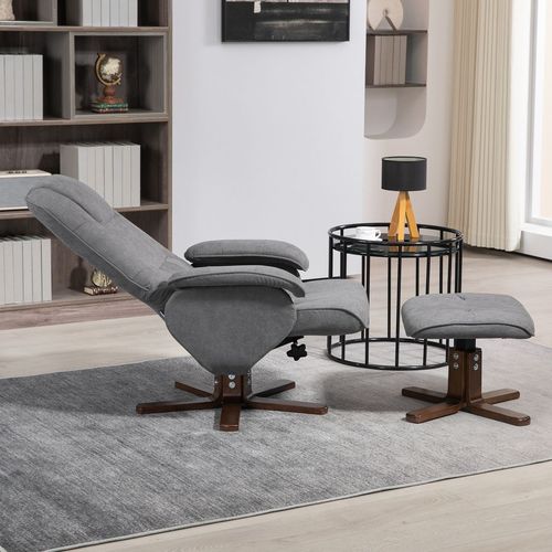 HOMCOM Swivel Recliner Chair and Footstool Linen-touch Fabric Wooden Base, Grey - Home Symphony