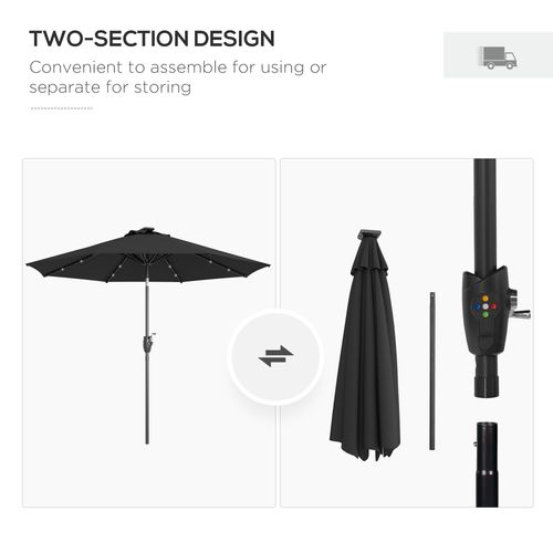 Outsunny Garden Parasol Outdoor Tilt Sun Umbrella LED Light Hand Crank Black - Home Symphony