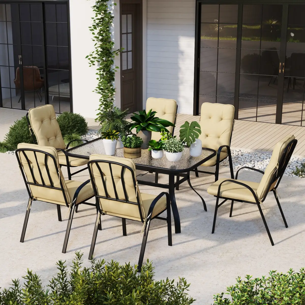 Outsunny Outsunny 7 PCs Garden Dining Set, Glass Table w/ Umbrella Hole & Cushion, Beige - Garden Set