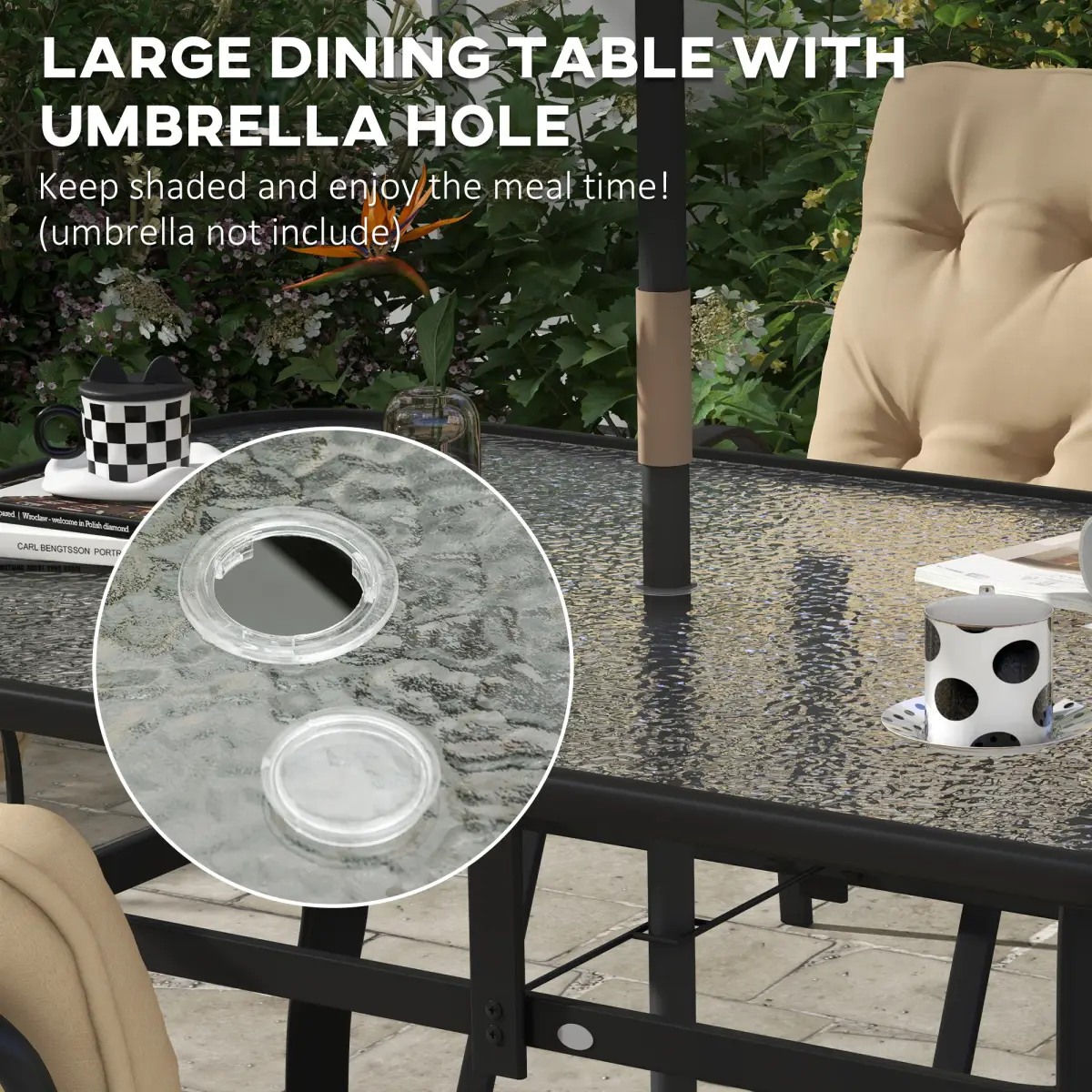 Outsunny Outsunny 7 PCs Garden Dining Set, Glass Table w/ Umbrella Hole & Cushion, Beige - Garden Set