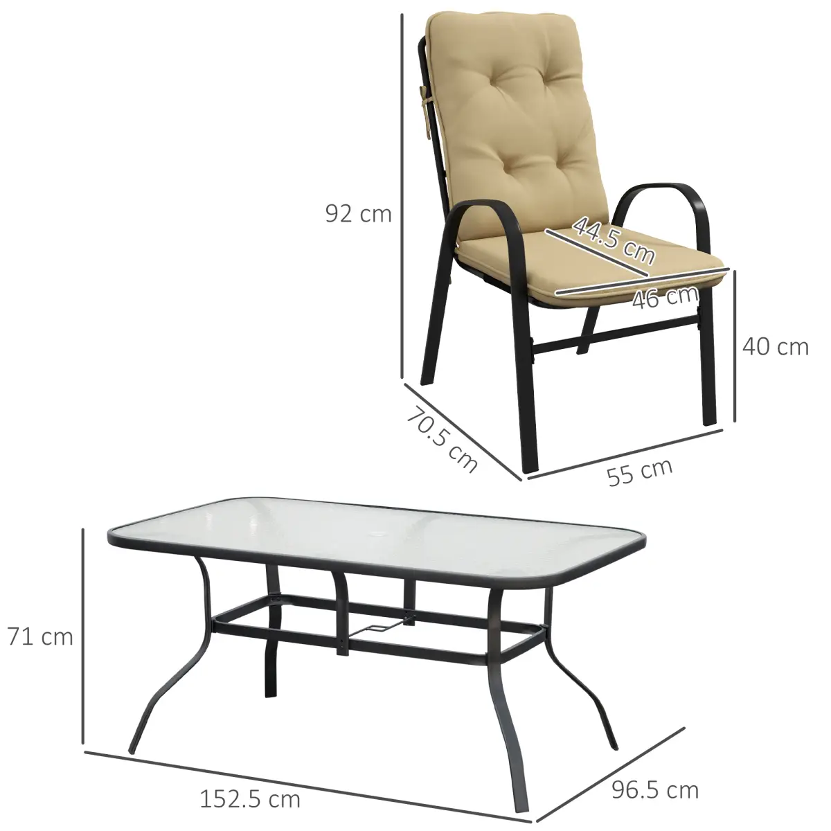 Outsunny Outsunny 7 PCs Garden Dining Set, Glass Table w/ Umbrella Hole & Cushion, Beige - Garden Set