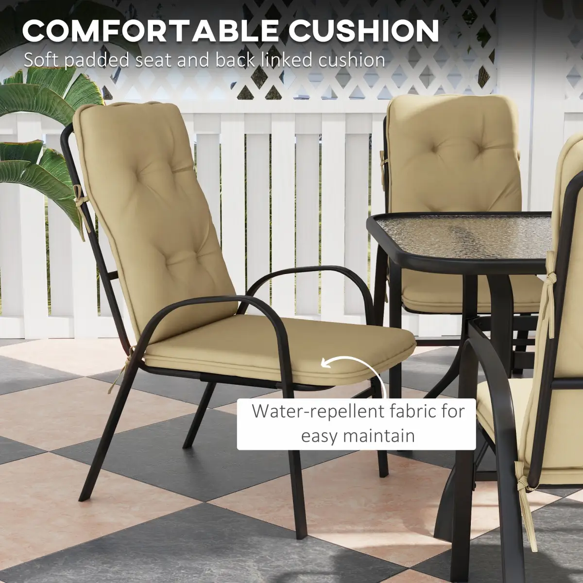 Outsunny Outsunny 7 PCs Garden Dining Set, Glass Table w/ Umbrella Hole & Cushion, Beige - Garden Set