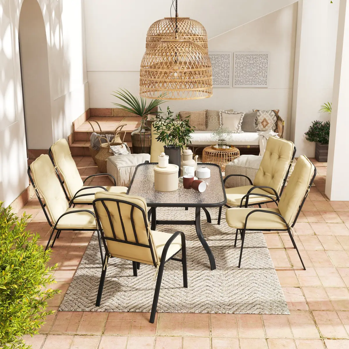 Outsunny Outsunny 7 PCs Garden Dining Set, Glass Table w/ Umbrella Hole & Cushion, Beige - Garden Set