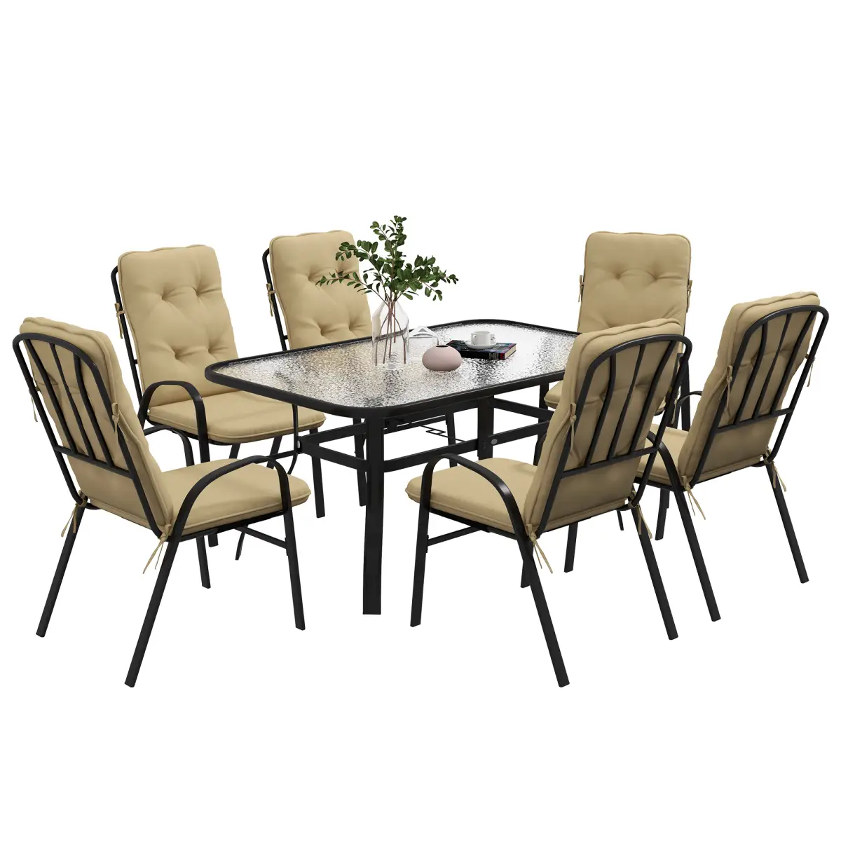 Outsunny Outsunny 7 PCs Garden Dining Set, Glass Table w/ Umbrella Hole & Cushion, Beige - Garden Set
