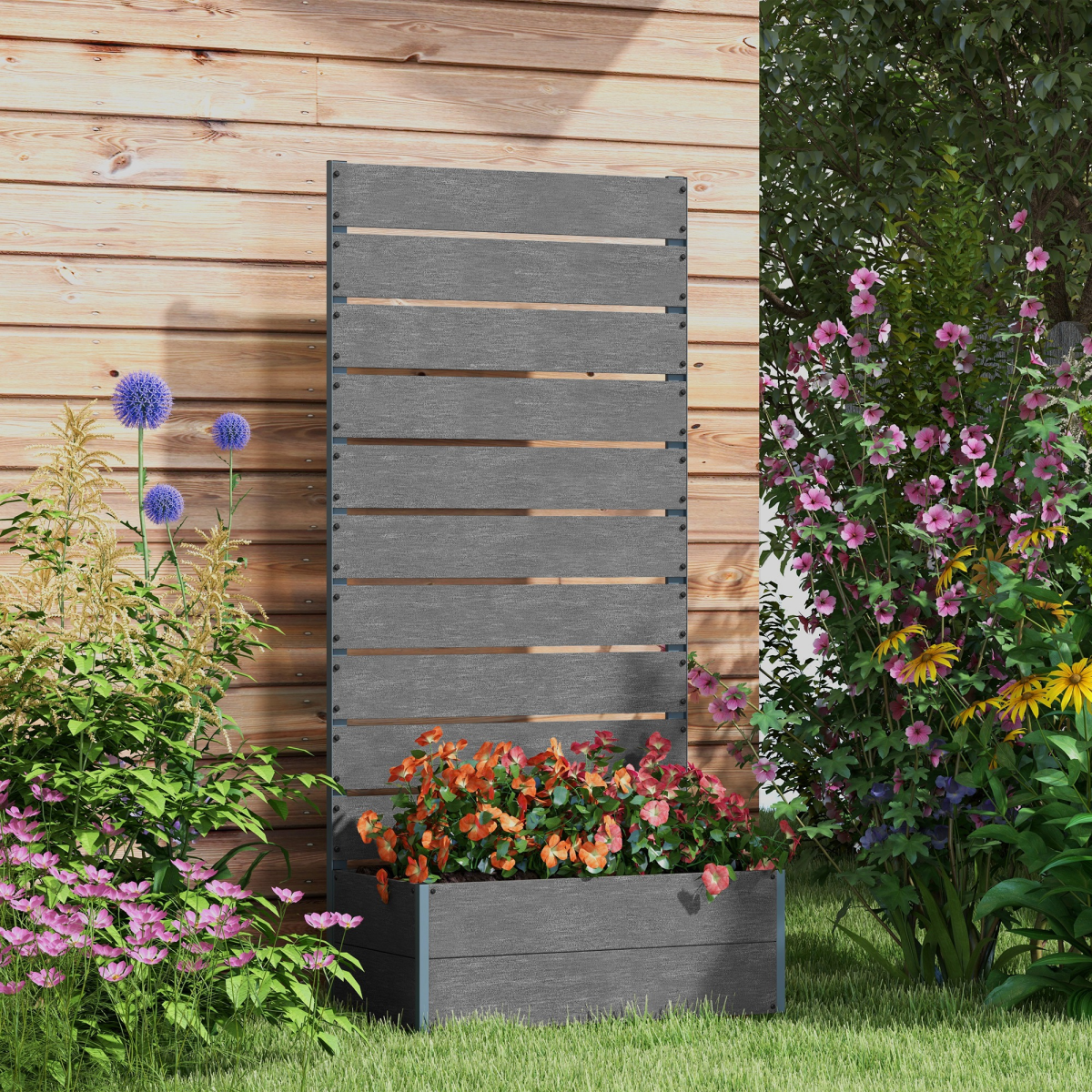 Outsunny 90cm raised garden bed with trellis, grey slatted panels and bottom planter in a flowering garden.