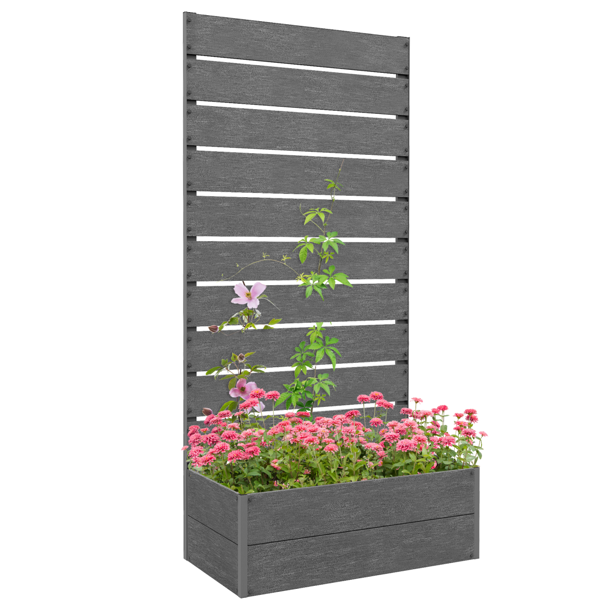 Outsunny 90cm raised garden bed with trellis, grey wood-plastic planter on aluminium frame, flowering climbers