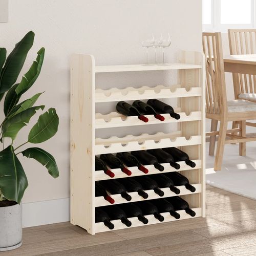 vidaXL Wooden Wine Rack 33x25x37 cm Solid Pine with Ample Storage for Wine Enthusiasts, showcasing wine in rustic style.