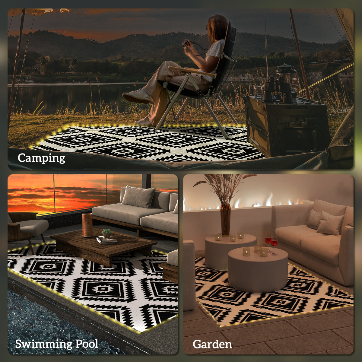 Outsunny waterproof outdoor rug 182x274 cm with LED lights, black-and-white geometric pattern on patio, pool, garden.