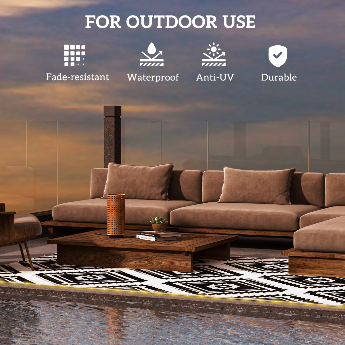 Outsunny waterproof outdoor rug 182x274 cm with USB LED lights for patio by the pool.