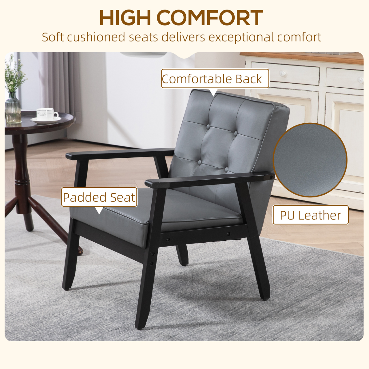 HOMCOM Accent Chair PU Leather Tufted Grey for Living Room by High Comfort, padded seat, tufted back.