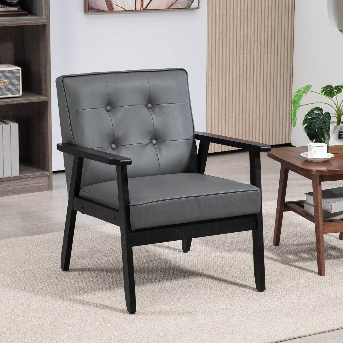 HOMCOM Accent Chair PU Leather Tufted Grey for Living Room - modern grey chair with tufted back and black frame.