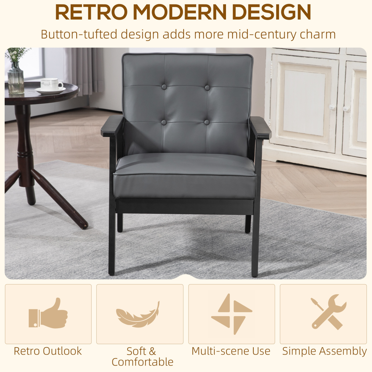 HOMCOM Accent Chair PU Leather Tufted Grey for Living Room in a cozy living space with button-tufted back.