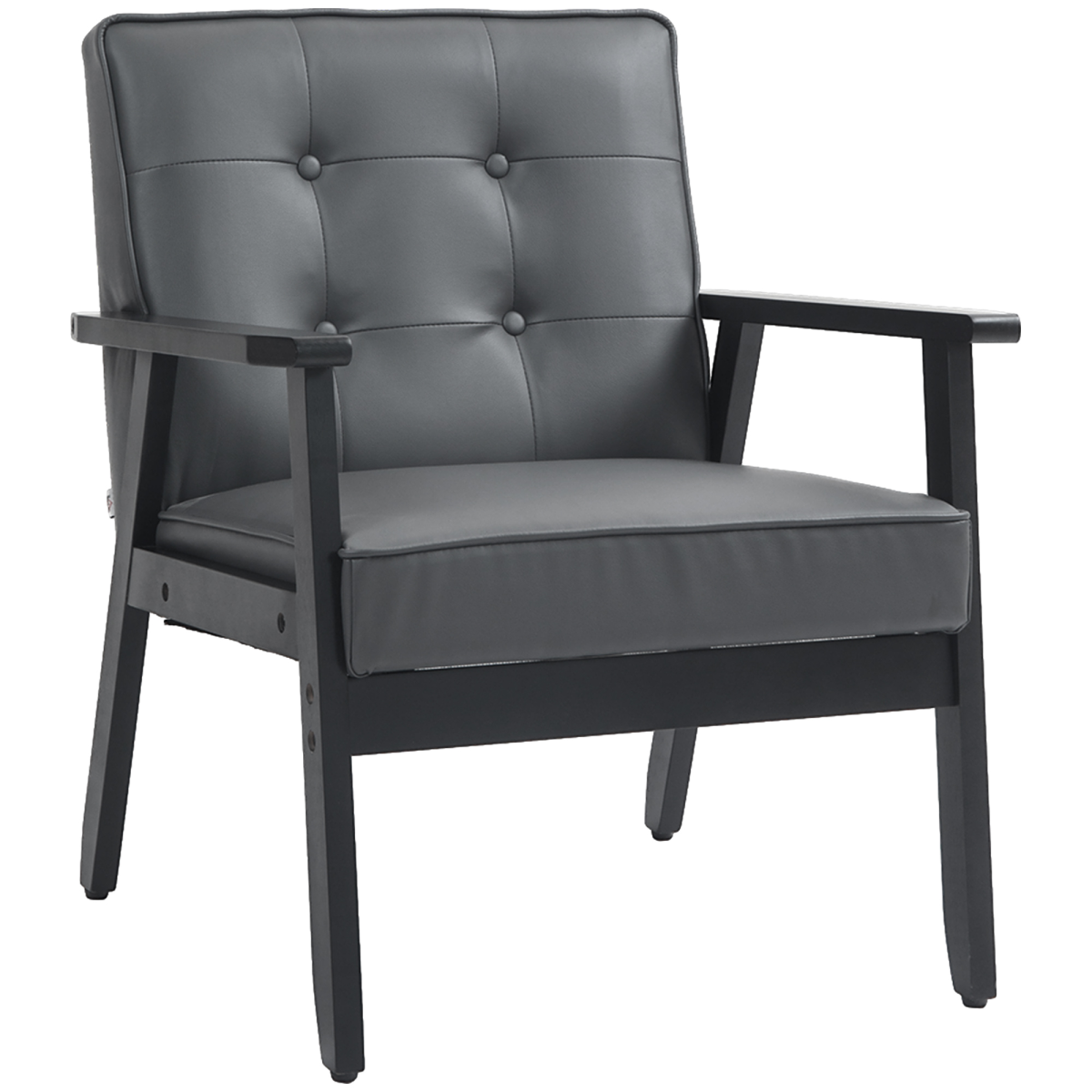 HOMCOM Accent Chair PU Leather Tufted Grey for Living Room with black frame and padded grey cushions.