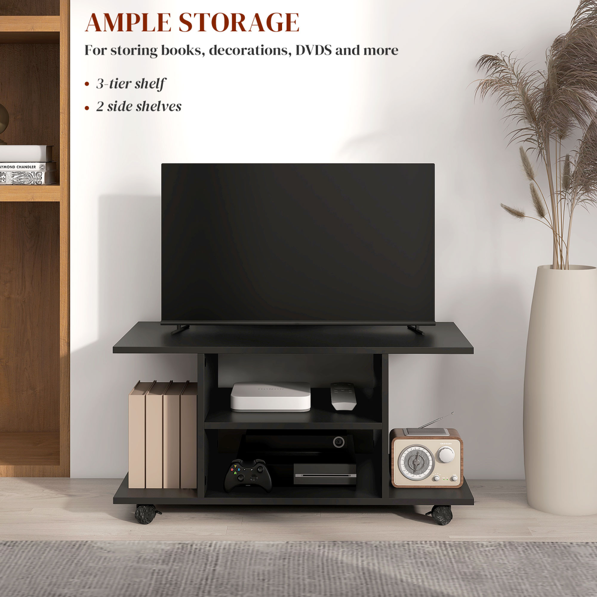 HOMCOM TV cabinet stand with 3-tier shelves, black finish, TV on top and storage for media devices.
