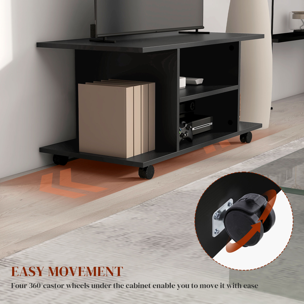 HOMCOM TV Cabinet Stand with 3-tier shelves on casters for living room, supports TV and media devices.