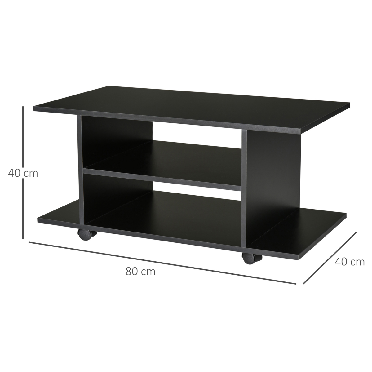 HOMCOM black TV cabinet stand with 3-tier open shelves, wide top for TV and media devices, on caster wheels.