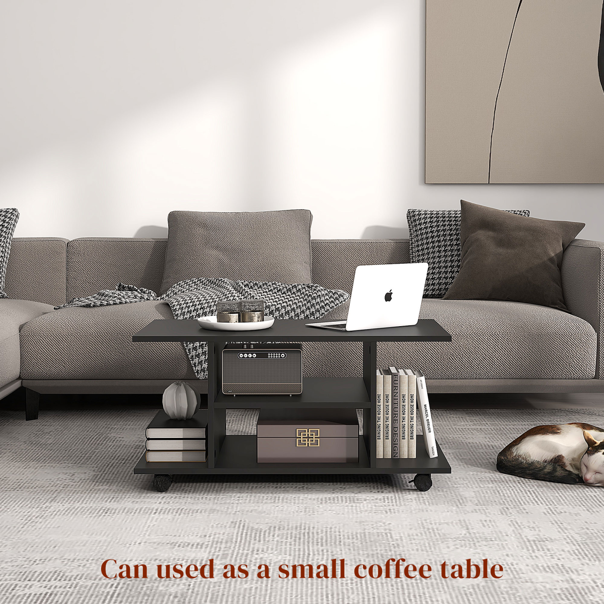 HOMCOM TV cabinet stand with 3-tier shelves on wheels in a living room, laptop on top.