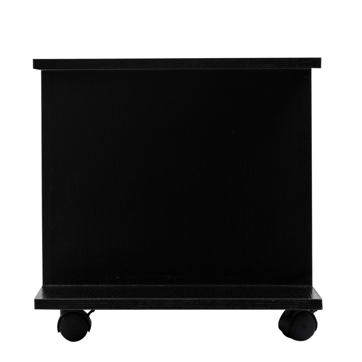 HOMCOM black TV cabinet with 3 open shelves on wheels for living room storage.