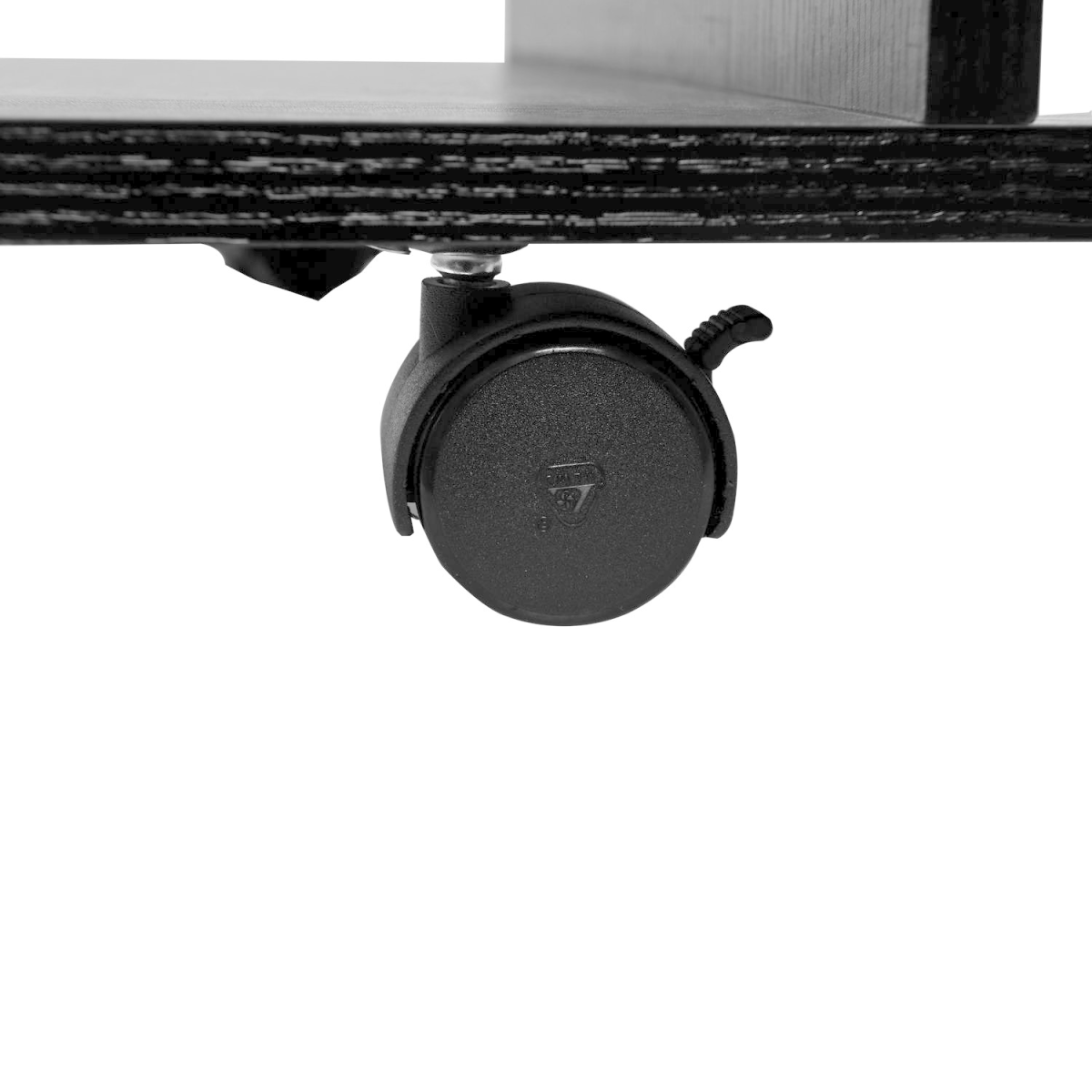 Caster wheel under a HOMCOM TV Cabinet Stand with three open shelves.
