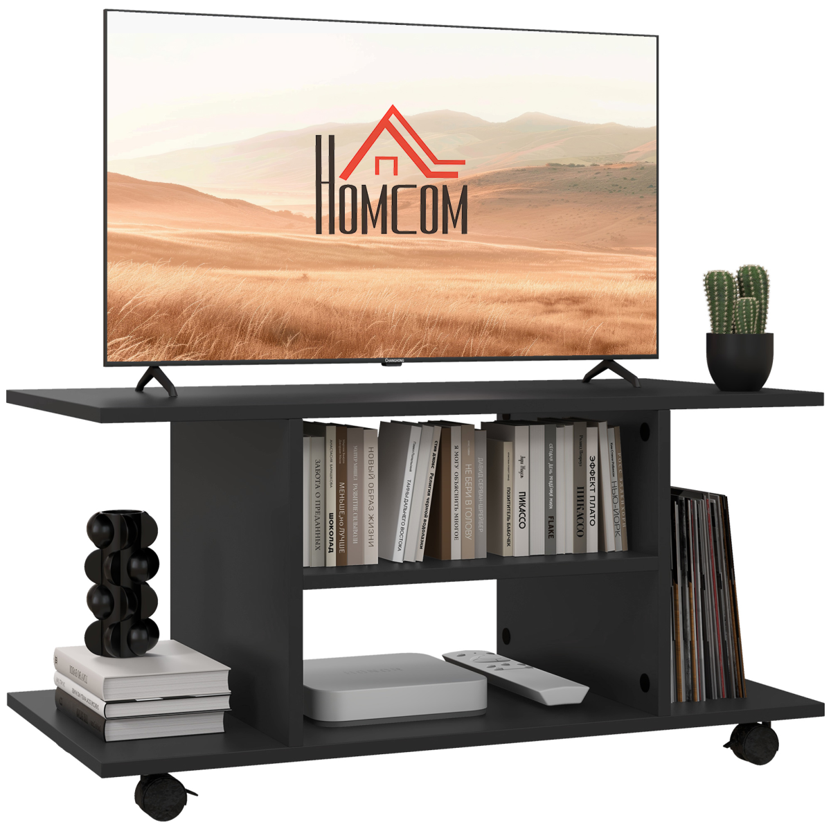 HOMCOM 3 tier black TV cabinet stand with open shelves, TV on top and storage for media players and books.