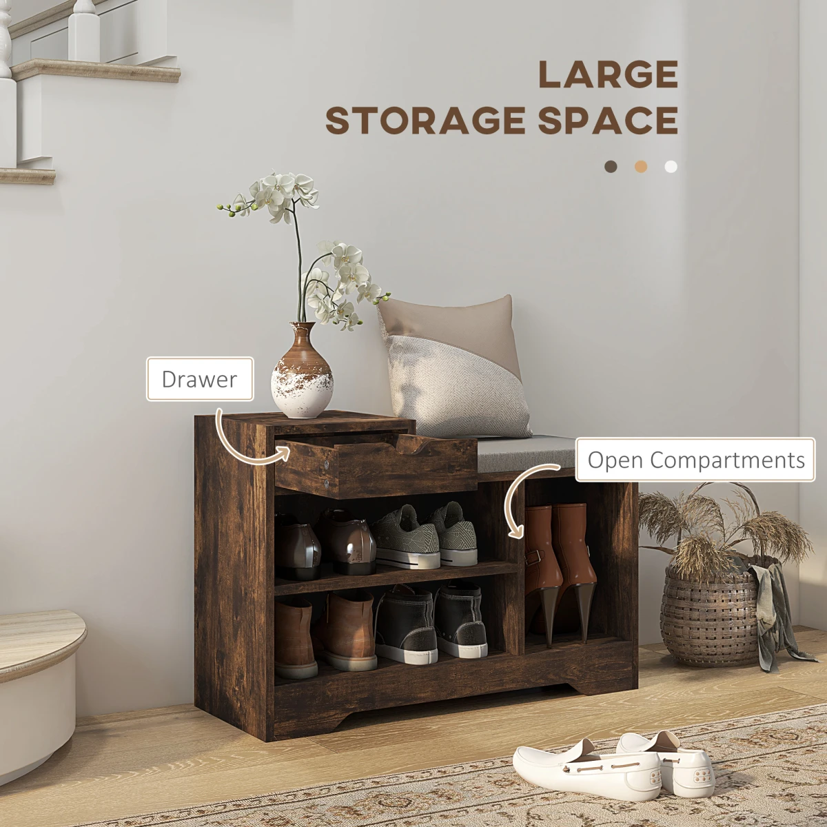 HOMCOM Upholstered Entryway Shoe Bench With Storage Drawer Distressed Finish Compact Hallway Organizer by HOMCOM