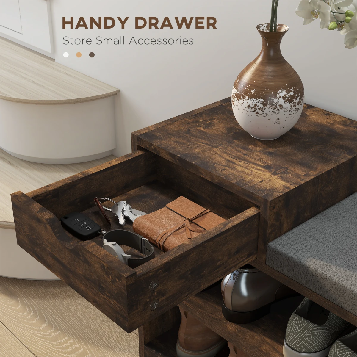 HOMCOM Upholstered Entryway Shoe Bench With Storage Drawer Distressed Finish Compact Hallway Organizer by HOMCOM