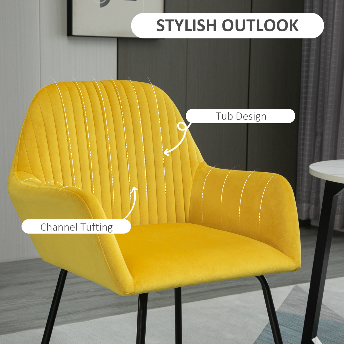 Yellow velvet accent chair with channel tufting, cushioned seat, high back and padded arms for compact home decor.