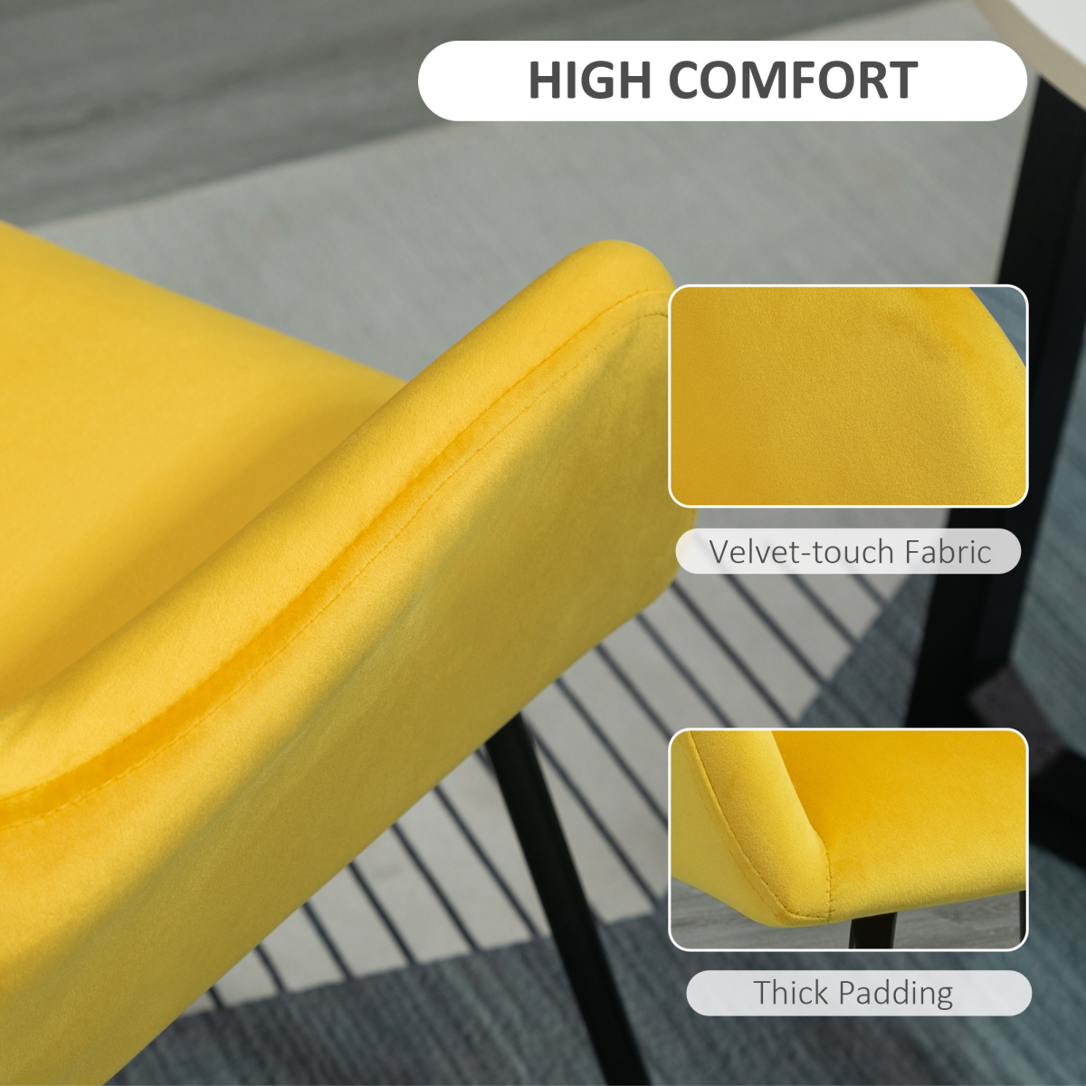 Bright yellow velvet accent chair with thick padding and velvet-touch fabric, compact high-back design.