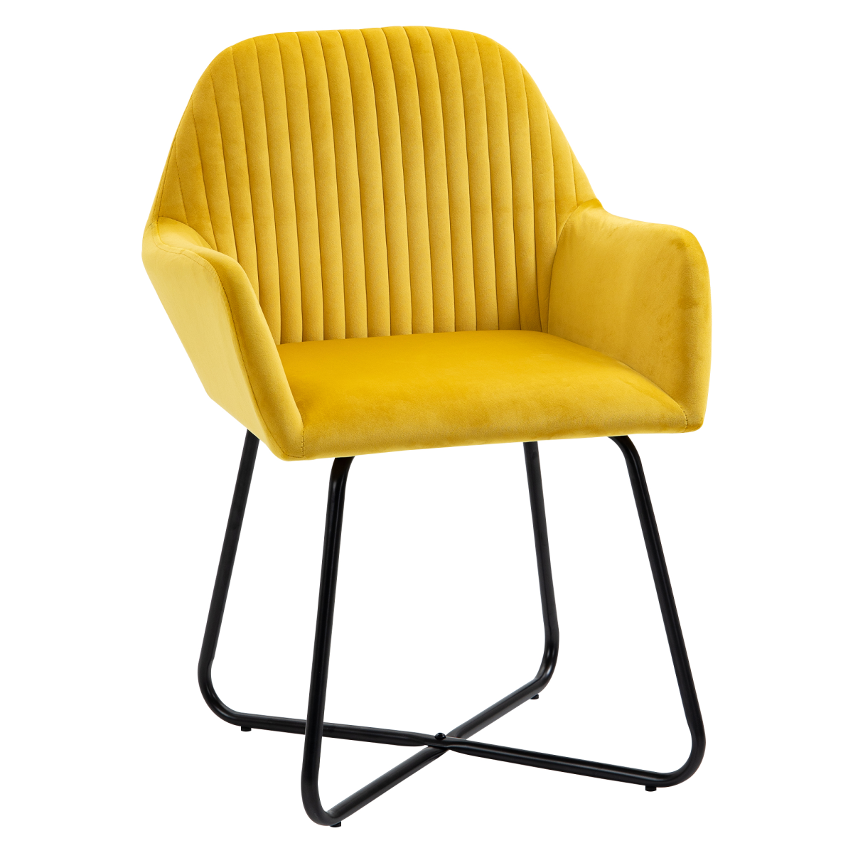 Yellow velvet accent chair with vertical channel-tufted back, cushioned seat, compact, black metal sled legs.