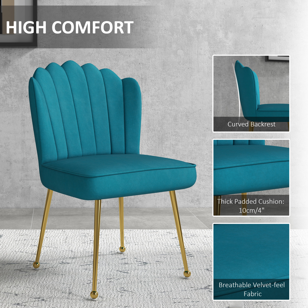 HOMCOM teal velvet shell accent chair with curved back and gold metal legs