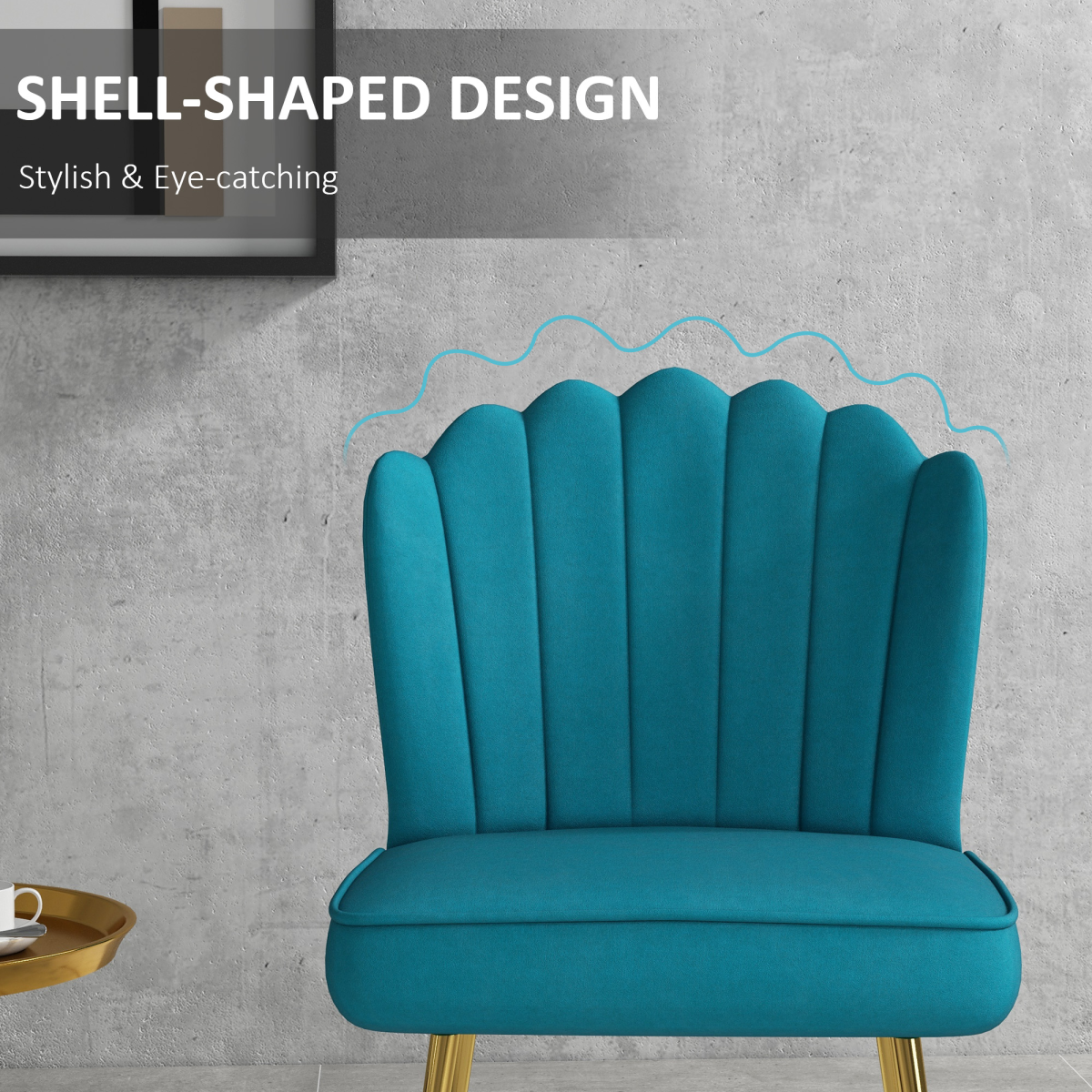 HOMCOM velvet shell accent chair with scalloped back and gold metal legs in teal.