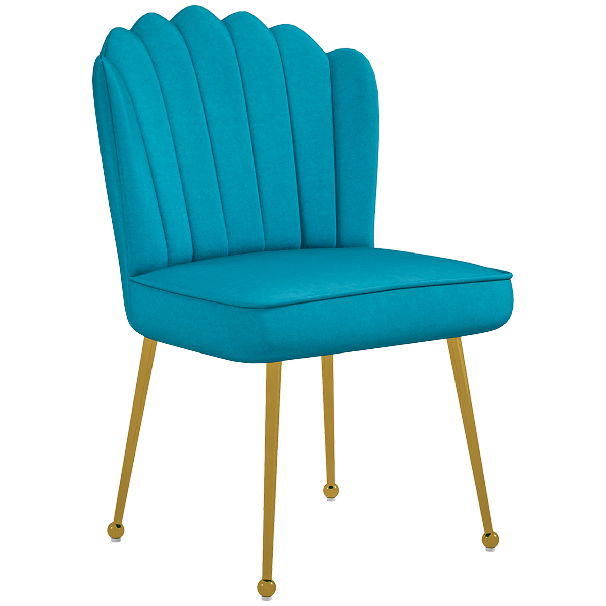 Turquoise velvet shell-back accent chair with gold metal legs.