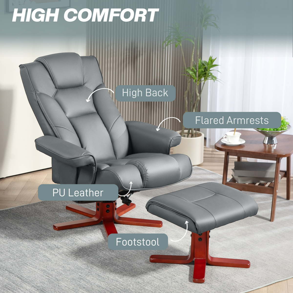 HOMCOM Reclining Armchair With Footstool For Living Room in PU leather with high back and footstool.
