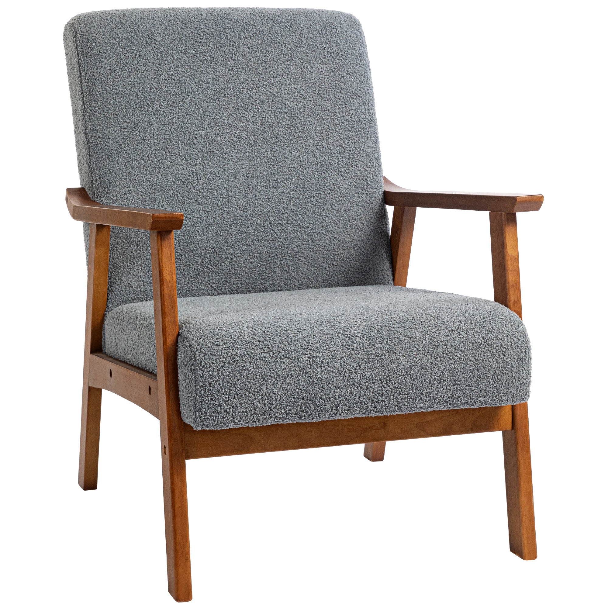 HOMCOM Armchair Wide Seat Boucle Fabric Living Room in grey boucle with wooden frame.