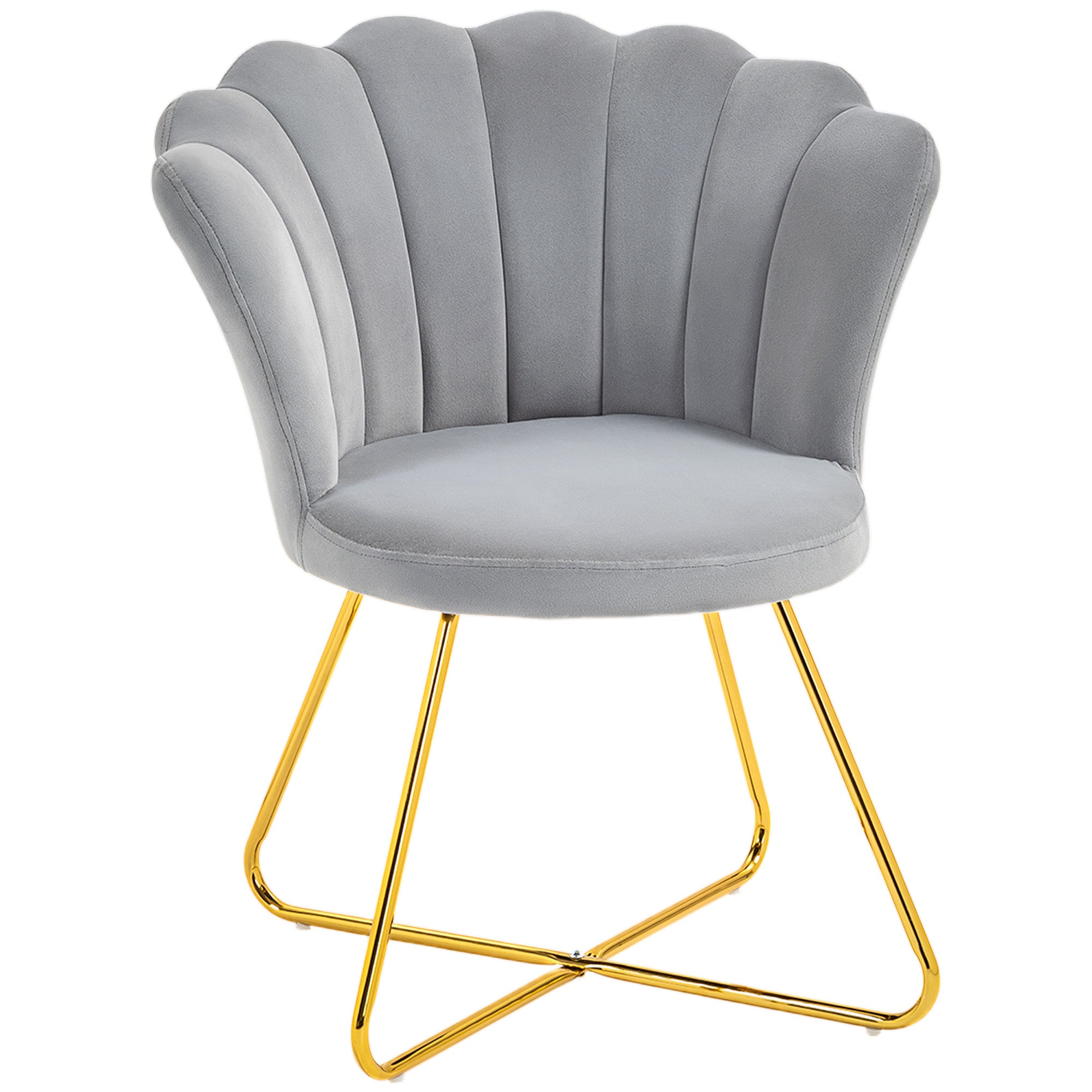 HOMCOM velvet accent chair with lotus-petal backrest, gray upholstery and gold metal legs.