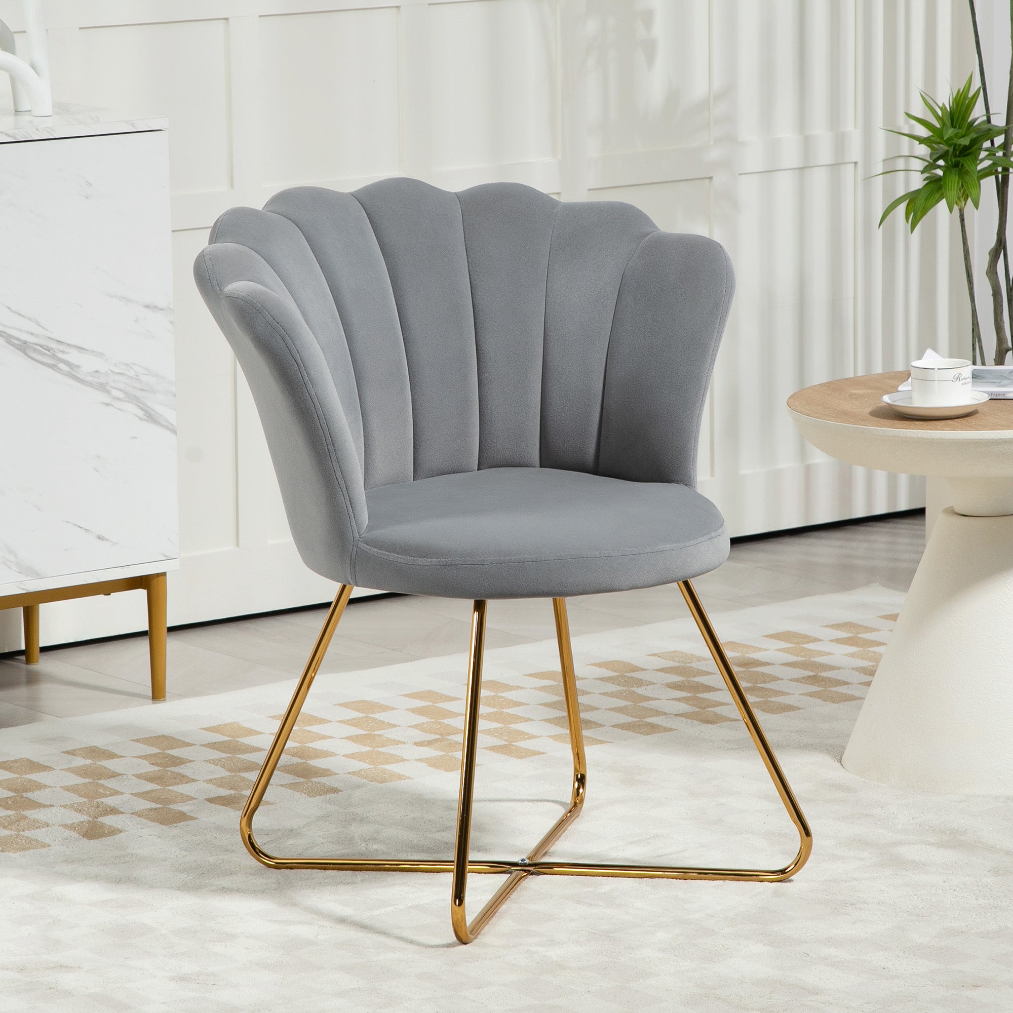 HOMCOM gray velvet lotus-backrest accent chair with gold metal legs for living room.