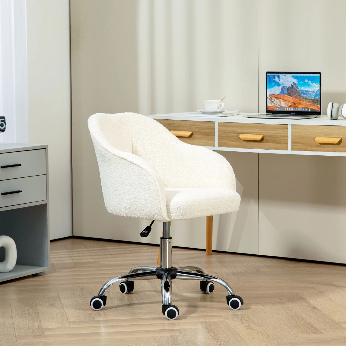 HOMCOM HOMCOM Fluffy Vanity Chair 46-56cm Height Adjustable Tilt Swivel With Wheels For Desk - Office Chair