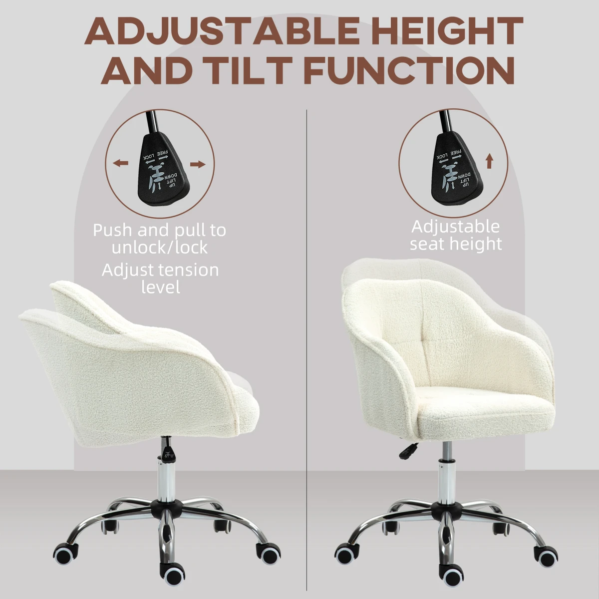 HOMCOM HOMCOM Fluffy Vanity Chair 46-56cm Height Adjustable Tilt Swivel With Wheels For Desk - Office Chair