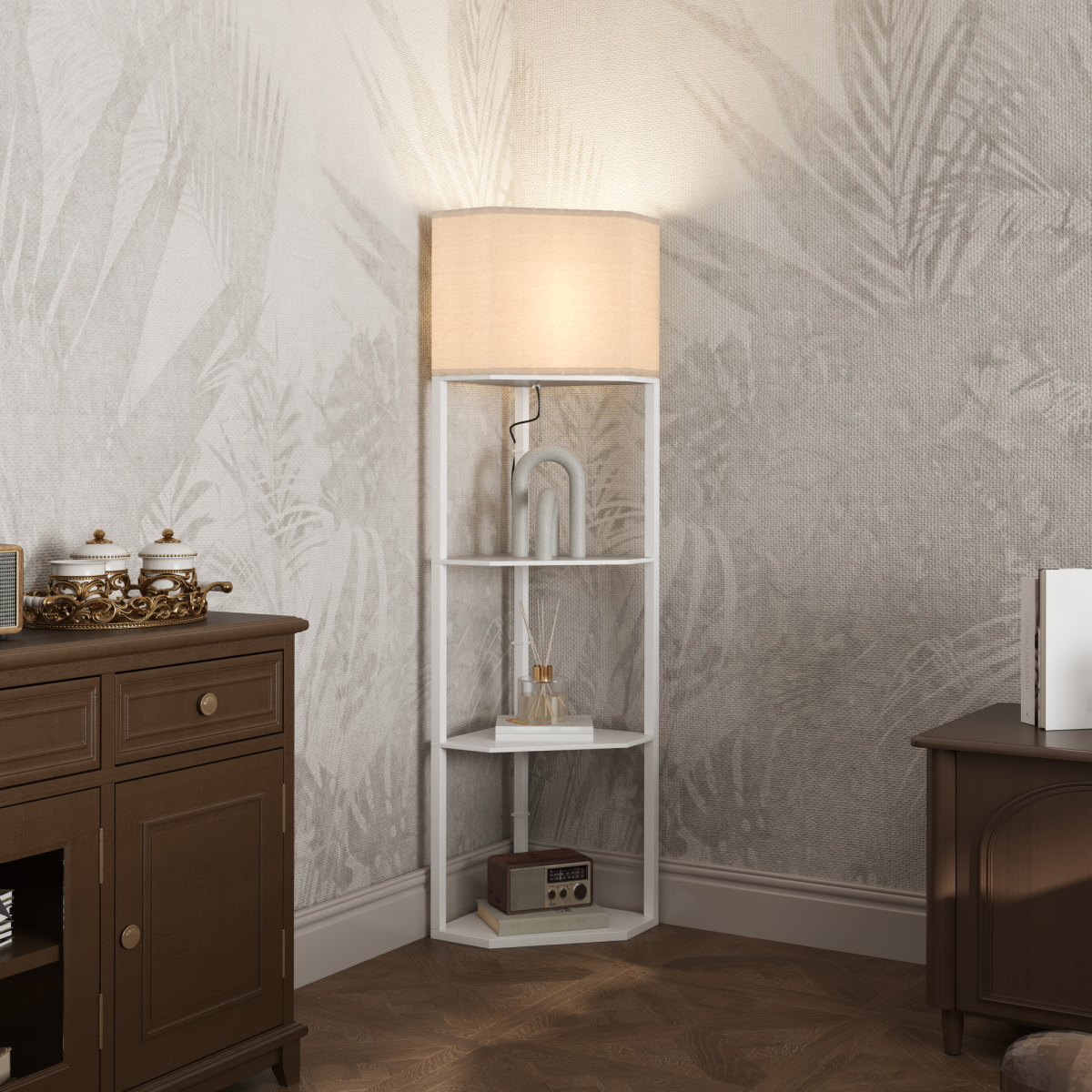 HOMCOM Corner Modern Floor Lamp with Shelves for Living Room, Bedroom, featuring a pull chain and three shelves for display.