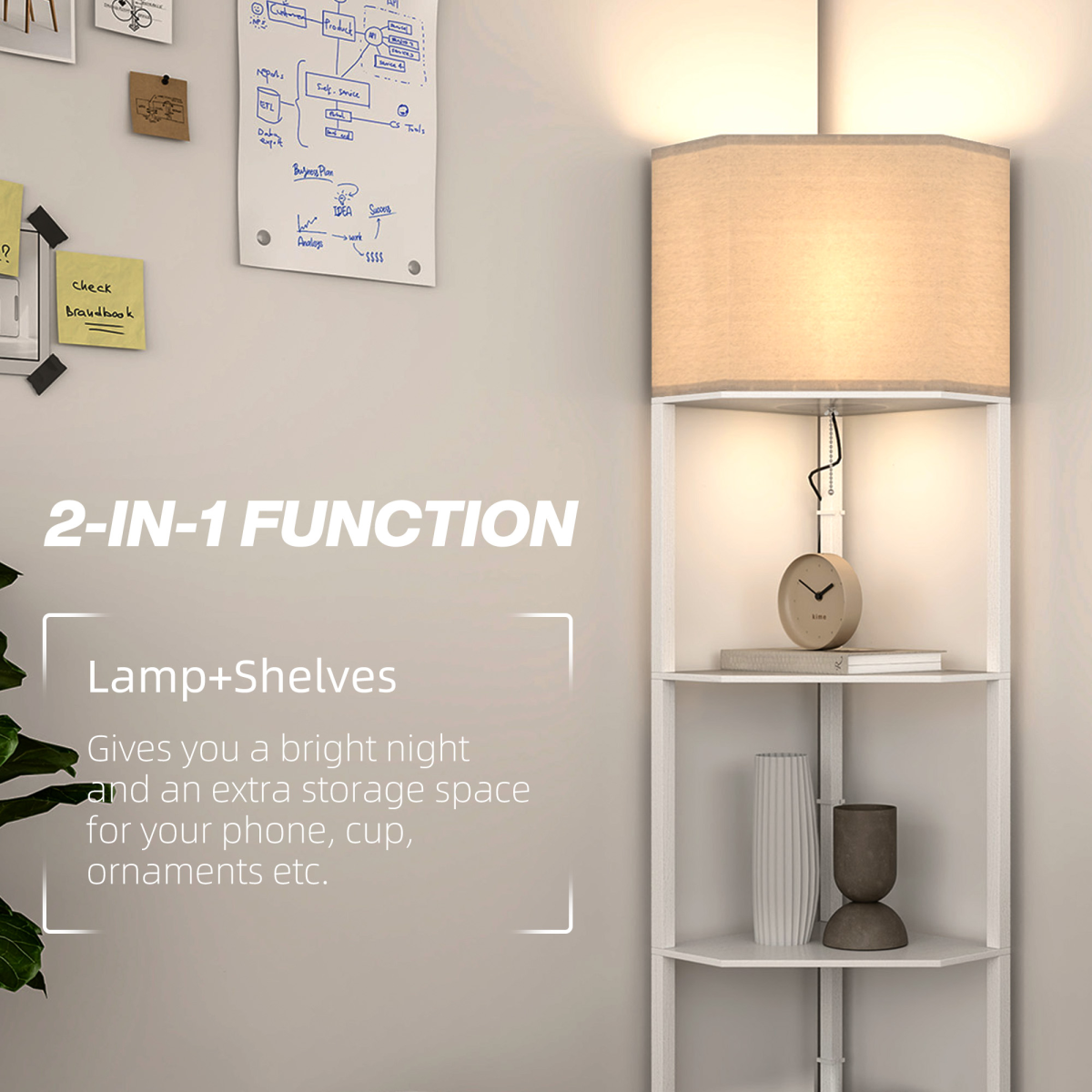 HOMCOM Corner Modern Floor Lamp with Shelves for Living Room, Bedroom, featuring a pull chain and three storage shelves.