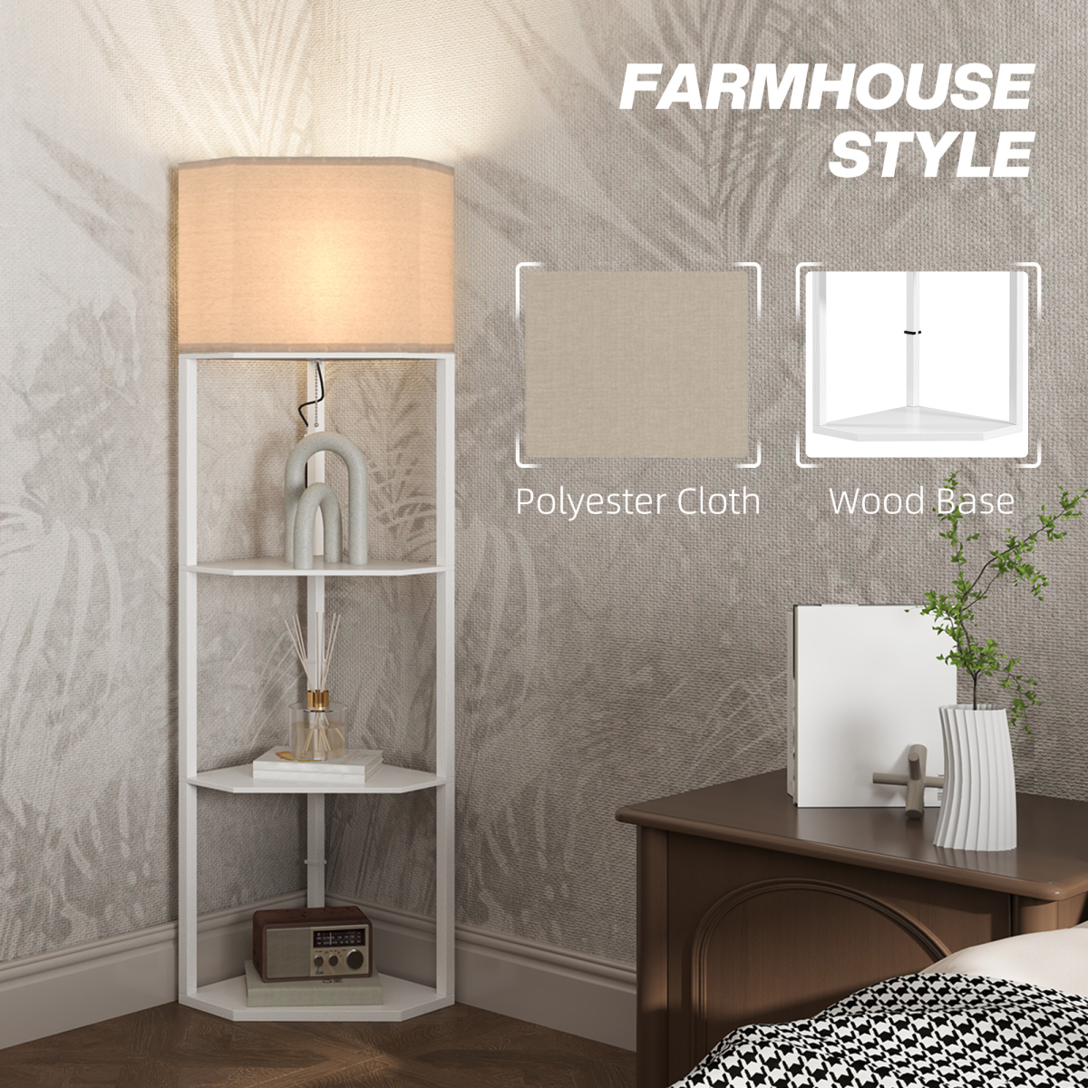 HOMCOM Corner Modern Floor Lamp with Shelves for Living Room, Bedroom, featuring three shelves and a stylish design.