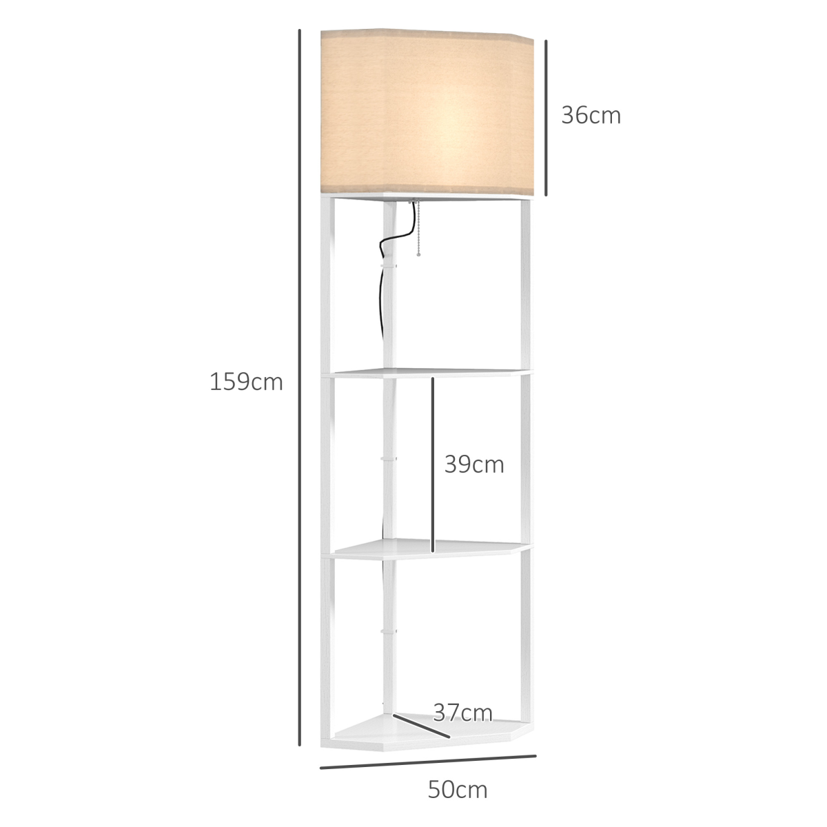 HOMCOM Corner Modern Floor Lamp with Shelves for Living Room, Bedroom, featuring three shelves and a pull chain for convenience.