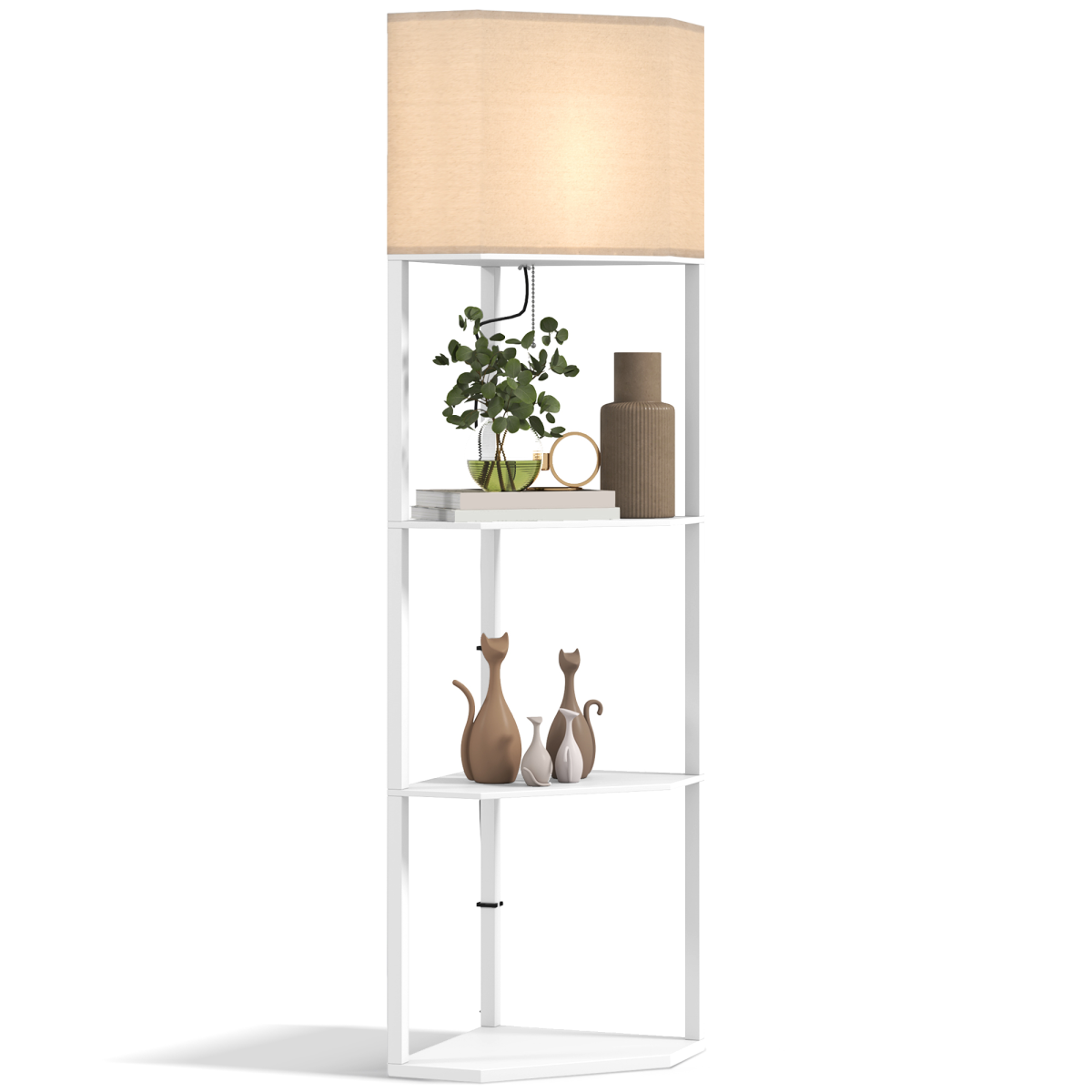 HOMCOM Corner Modern Floor Lamp with Shelves for Living Room, Bedroom, featuring three shelves and a pull chain for easy use.